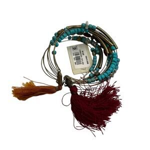 Macy’s Layered Bracelet w/ Gold, Red, & Turquoise Beads, Tassel Accents. NWT!